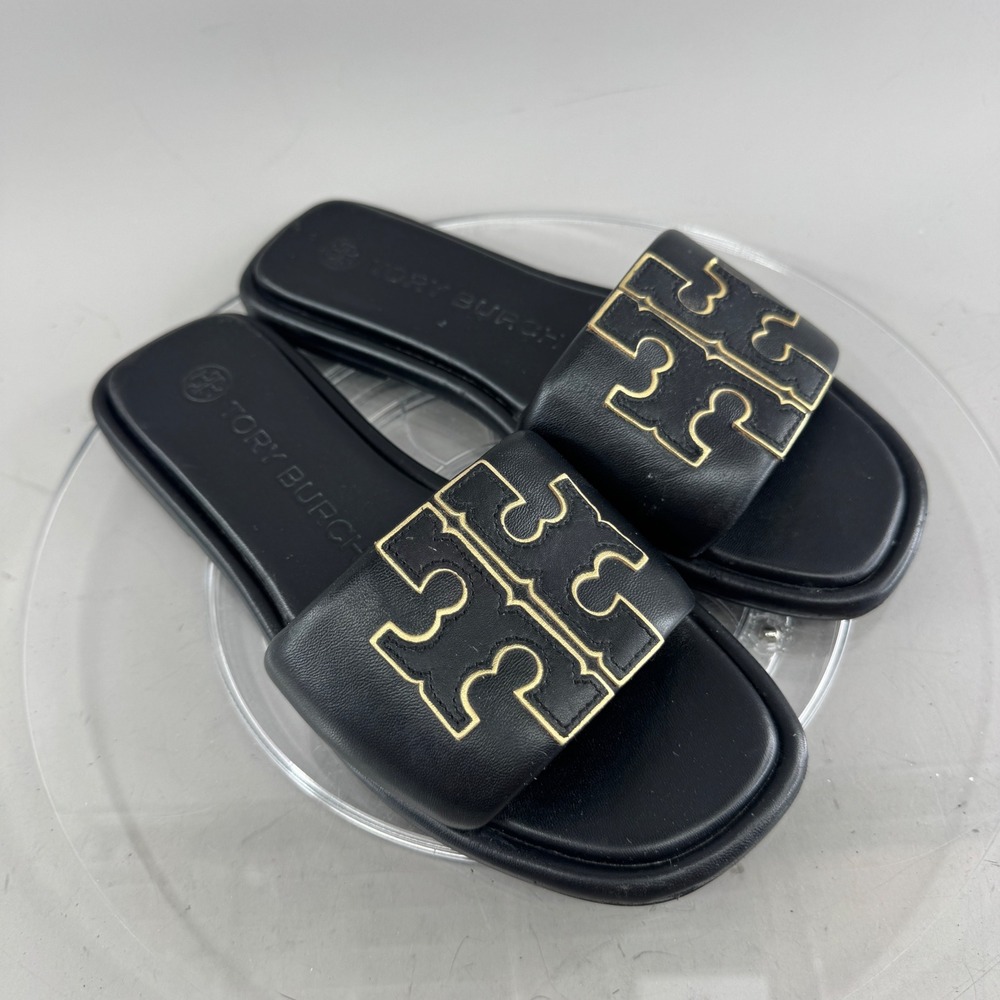 Tory Burch Womens Leather Double T Logo Slide Sandal Black Gold 6.5